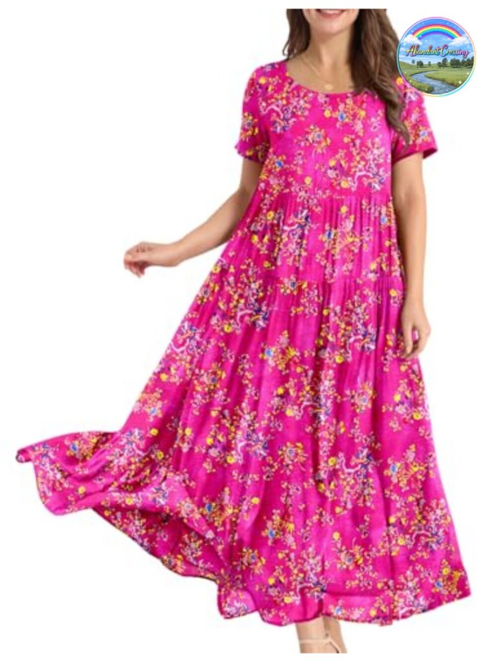 Casual Bohemian Floral Maxi Dress with Pockets Short Sleeve